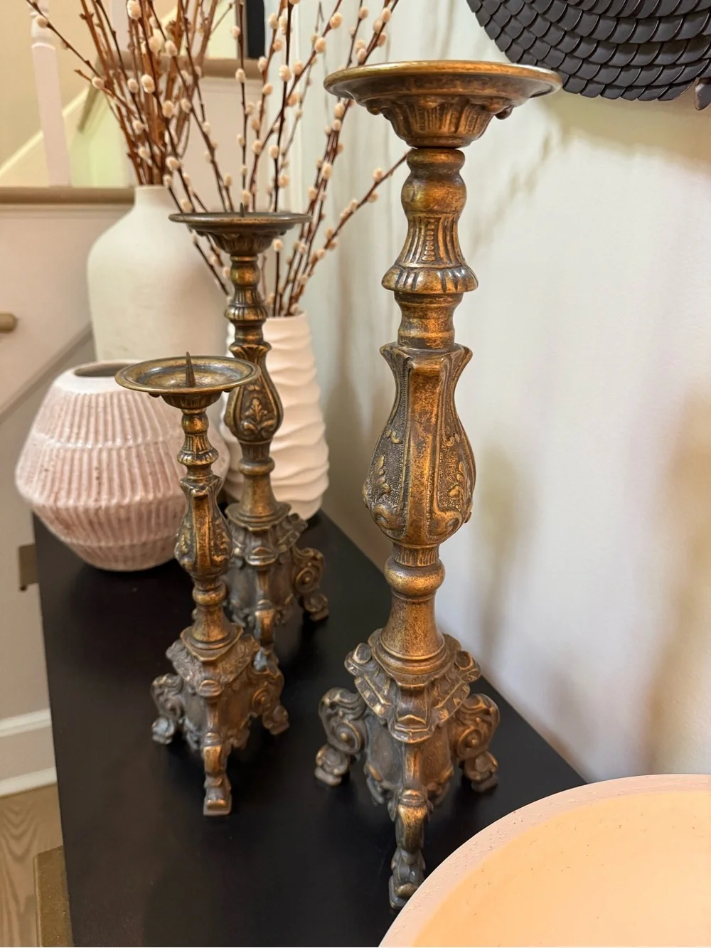 Antique Baroque Brass Alter Candle Holders - Set of 3